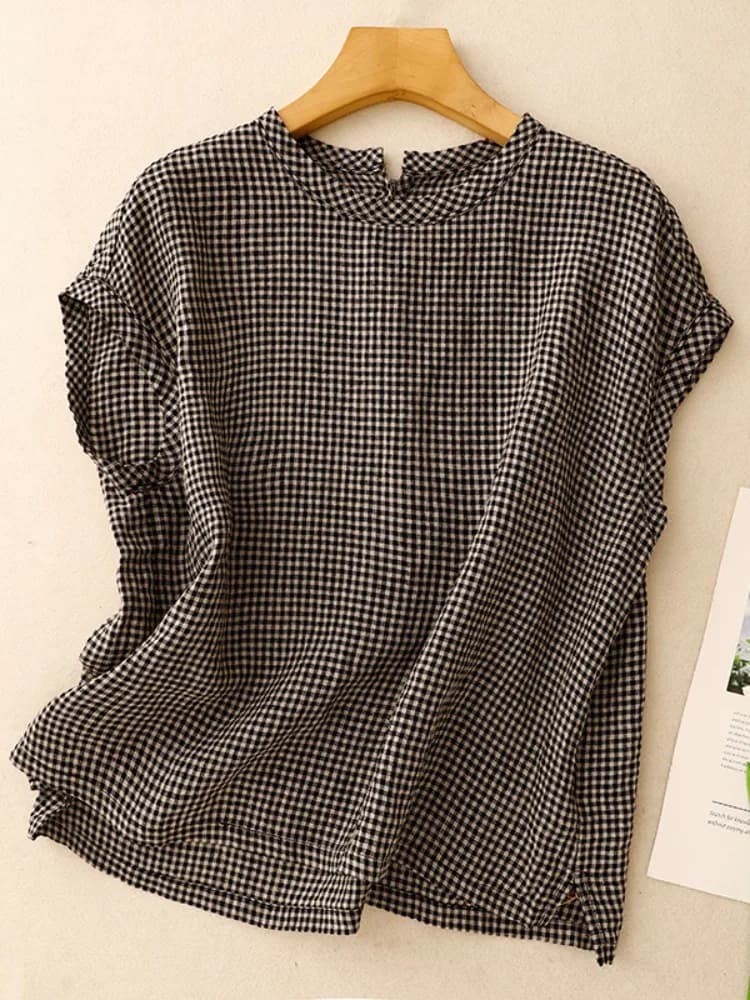 Women's Art Linen T-shirt, Summer, Thin, Random, Strong Sizes, Hiding Imperfections, Slender Effect, With Small Volant Sleeves, Mother's Top
