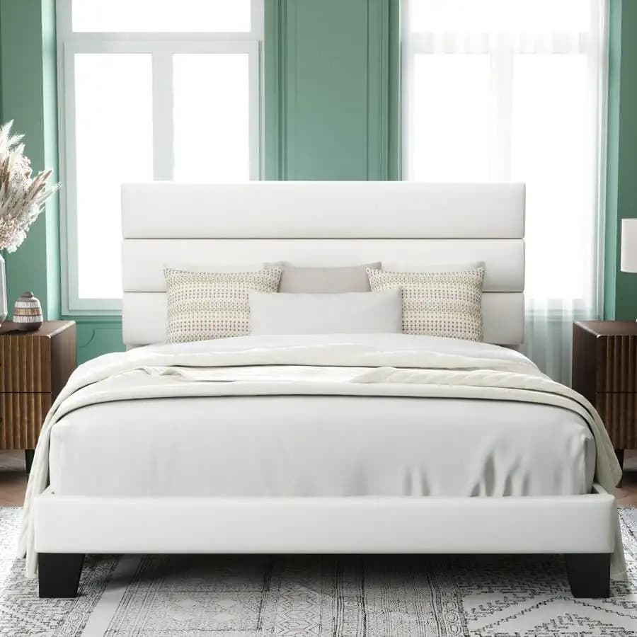 Twin/Full/Queen/King Size Platform Bed Frame With Fabric Upholstered Headboard And Wooden Slats Support, Fully Upholstered Mattress Foundation, No Box Spring Needed, Easy Assembly, Cream