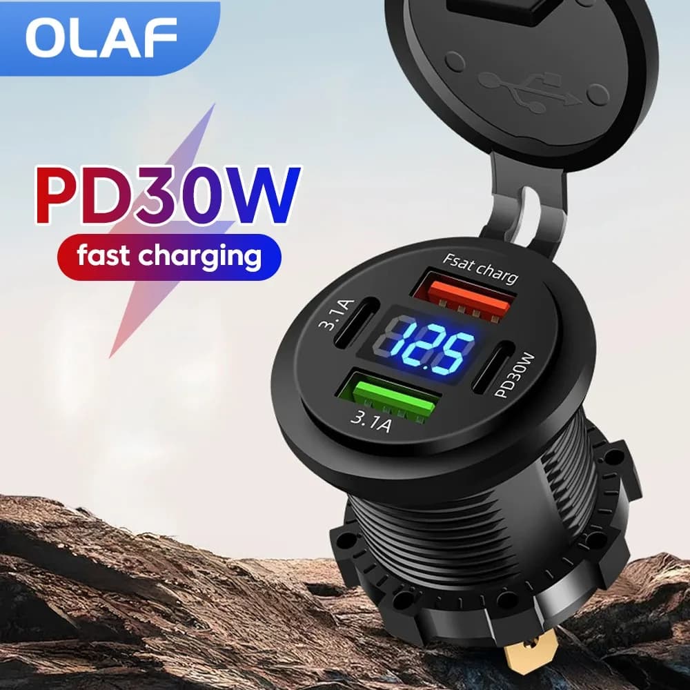 Olaf Car Charger PD30W 4 Doors Digital Display USB Car Charger Type C Adapter for 12V-24V /Auto/Moto
