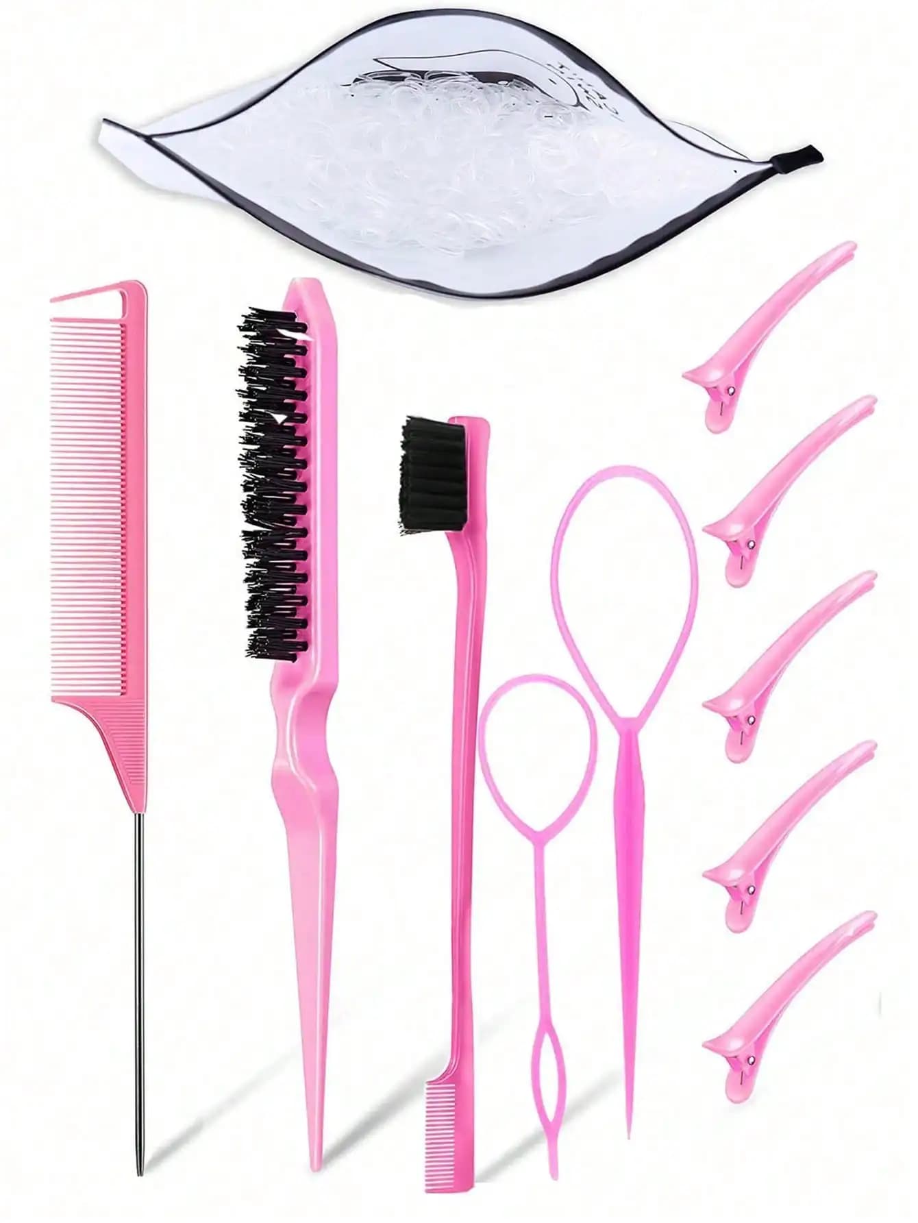 Set di 11 strumenti per capelli composto da 2 strumenti per trecce alla francese, 1 pettine a coda di topo, 1 spazzola districante, 1 paio di fermagli per capelli, 5 fermagli a coccodrillo e 1 confezione da 1000 elastici (diametro 1,22 cm/0,48 pollici) (la confezione da 1000 elastici può essere acquistata separatamente)