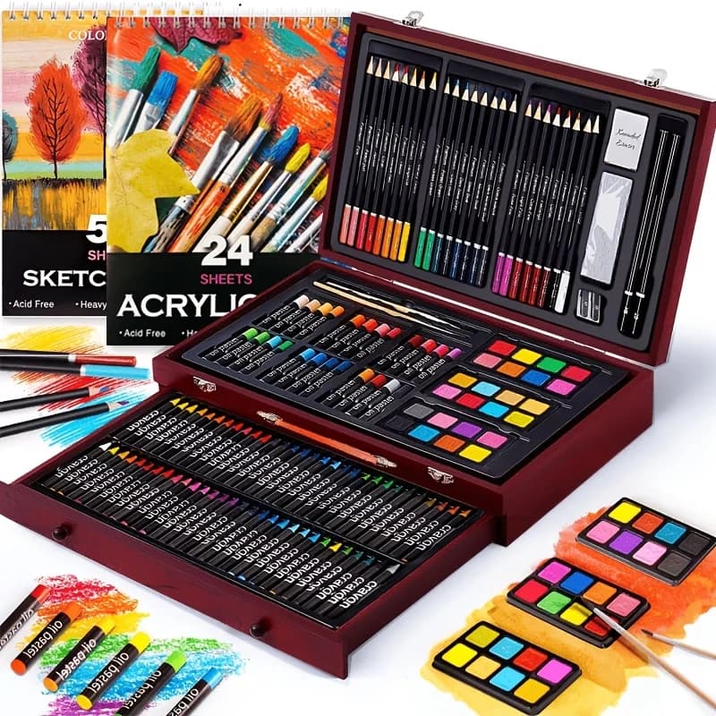 142-Pack Deluxe Wooden Art Set, With Paint Brushes, Colored Pencils, Solid Gouache, Crayons, Wooden Storage Case, All-in-One Kit For Back To School Gift & Outdoor Travel Sketching