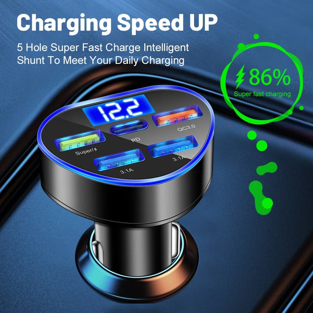Caricabatteria da auto USB da 66 W Caricatore PD tipo C con display digitale 5 porte di ricarica rapida per iPhone 15 Caricatore USB Samsung S23 in auto