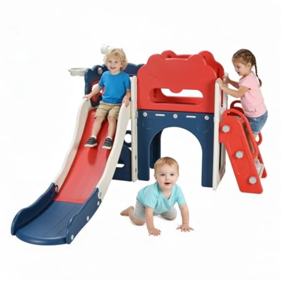 Set da gioco 8 in 1 per bambini con scivolo, canestro da basket, telescopio e spazio di archiviazione, per interni ed esterni