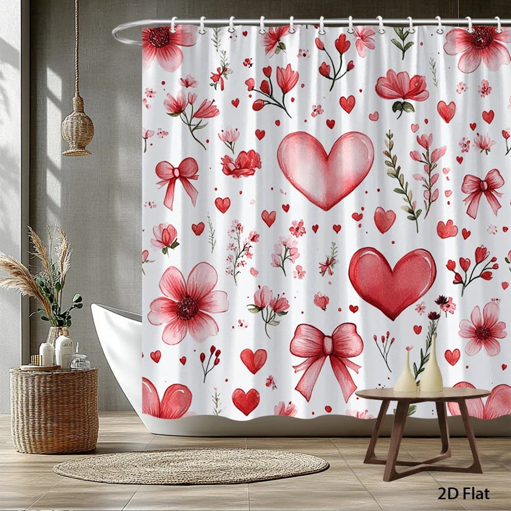 1 tenda da doccia con motivo a fiocco a forma di cuore, tessuto lavabile in lavatrice, con ganci, adatta per la decorazione del bagno.