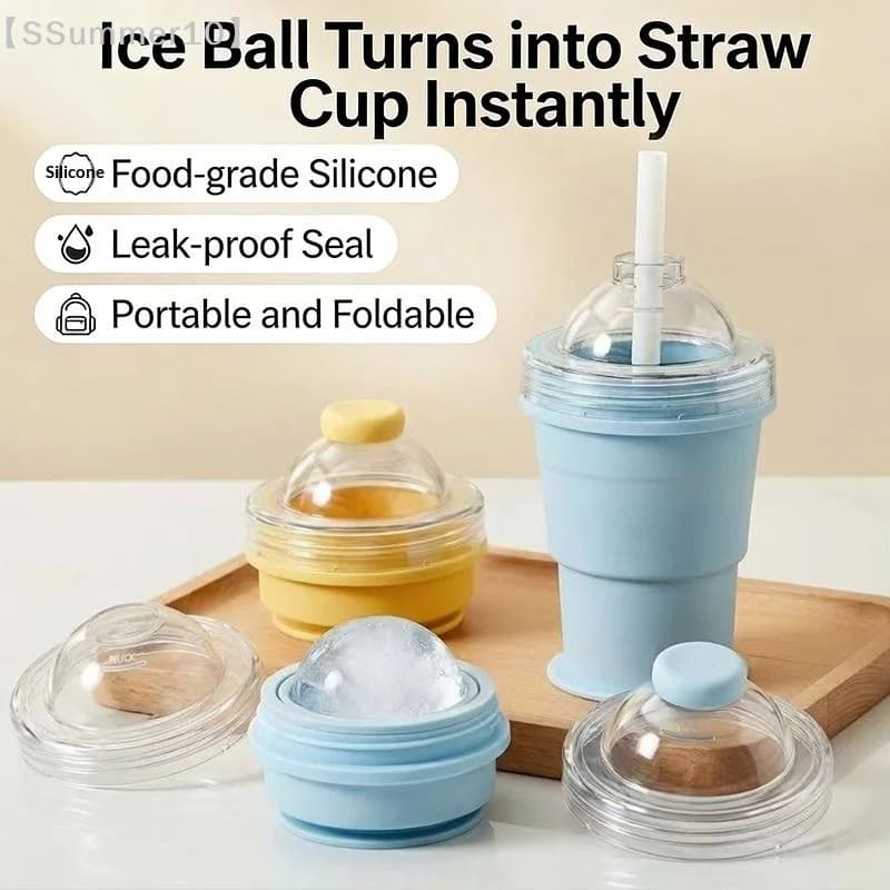 【SSummer10】2026 Bicchiere Portatile Pieghevole per Palline di Ghiaccio con Cannuccia - Stampo per Ghiaccio in Silicone Alimentare - Borraccia Termica da Viaggio Estiva per Esterni【SS】