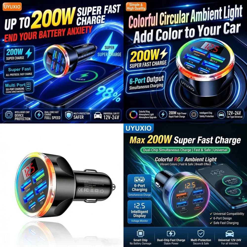 Multi USB C Car Charger Adapter Trending for iPhone 18 17 16 Samsung S26 S25 S24 with Digital Voltage Display RGB Ambient Light