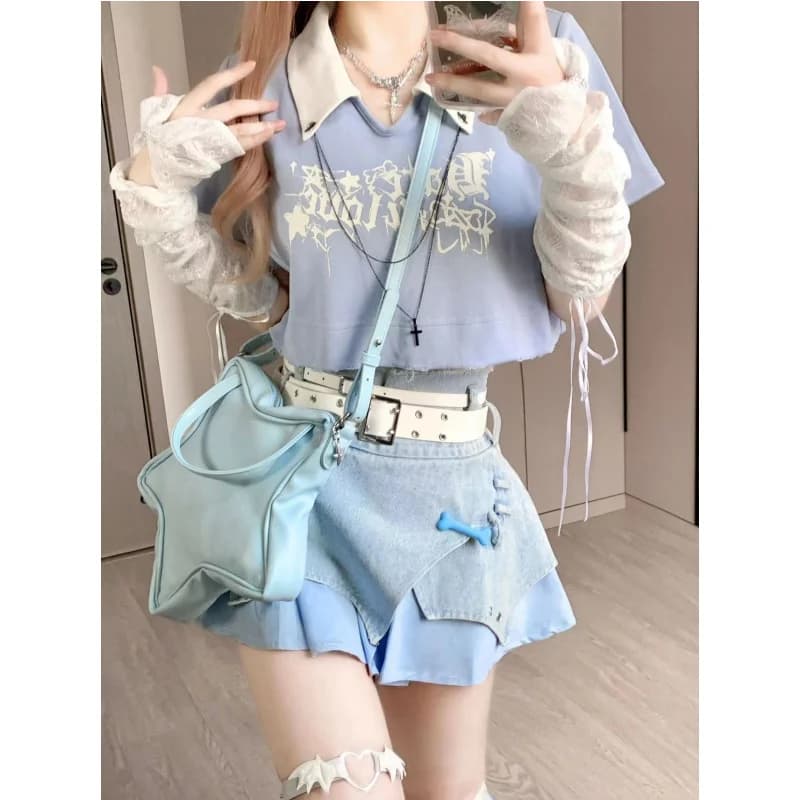 American Sweet Cool Spice Girl Summer Peter Pan Colletto Crop Top + Gonna di jeans irregolare + Legging 3 pezzi Set Donna Y2k Abiti
