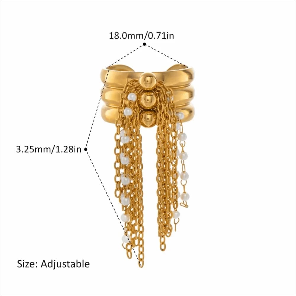 Anello Creativo in Acciaio Inossidabile con Nappa e Catena di Perline, Anello a Tre Strati Placcato Oro, Anello Aperto, Accessori di Gioielleria