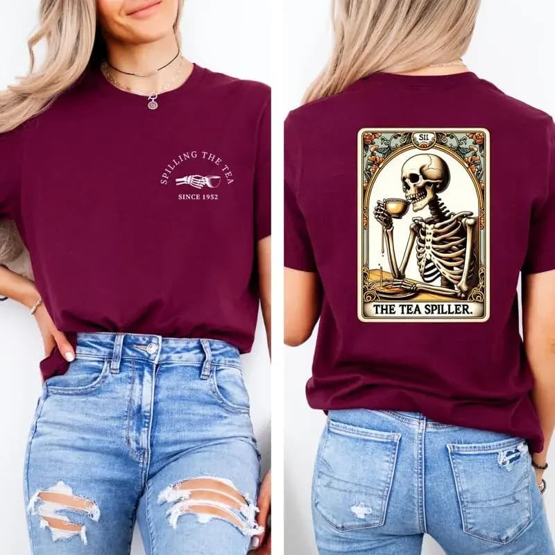 T-shirt con Carta dei Tarocchi 'The Tea Spiller', Scheletro Sarcatico Trendy, Divulgazione di Racconti, Halloween