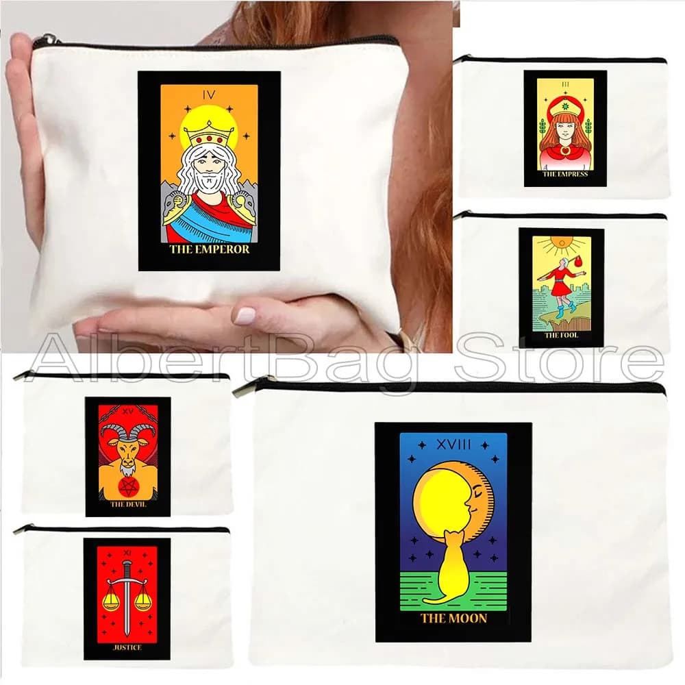 THE MOON SUN KING QUEEN CHARIOT EMPEROR EMPRESS FOOL HERMIT DEVIL Fiore Gatto Tarocchi Trucco cosmetico Borsa da toilette Astuccio per matite