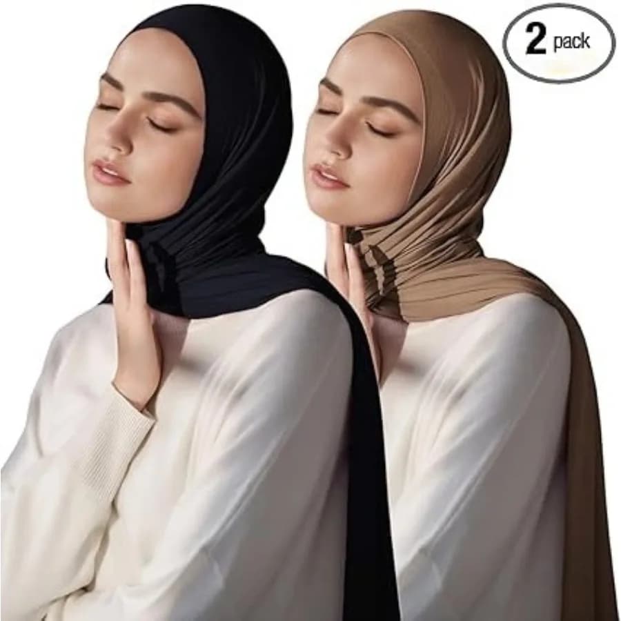 Hijab Musulmano per Donne, Sciarpa Grande, Morbido Copricapo, Turbante Lungo, Fascia per Capelli Elastica, Set di 2 Pezzi (Nero, Cammello)