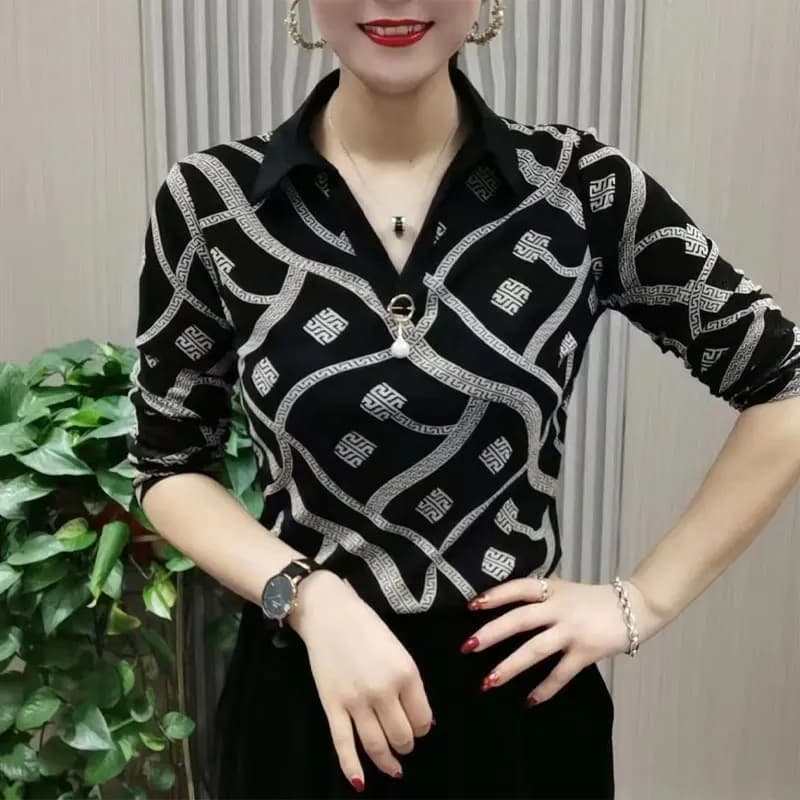Commute Printed Fashion Polo-Neck Blouse Chic Pearl Three-dimensional Decoration Spring Autumn New Korean Women's Clothing Shirt