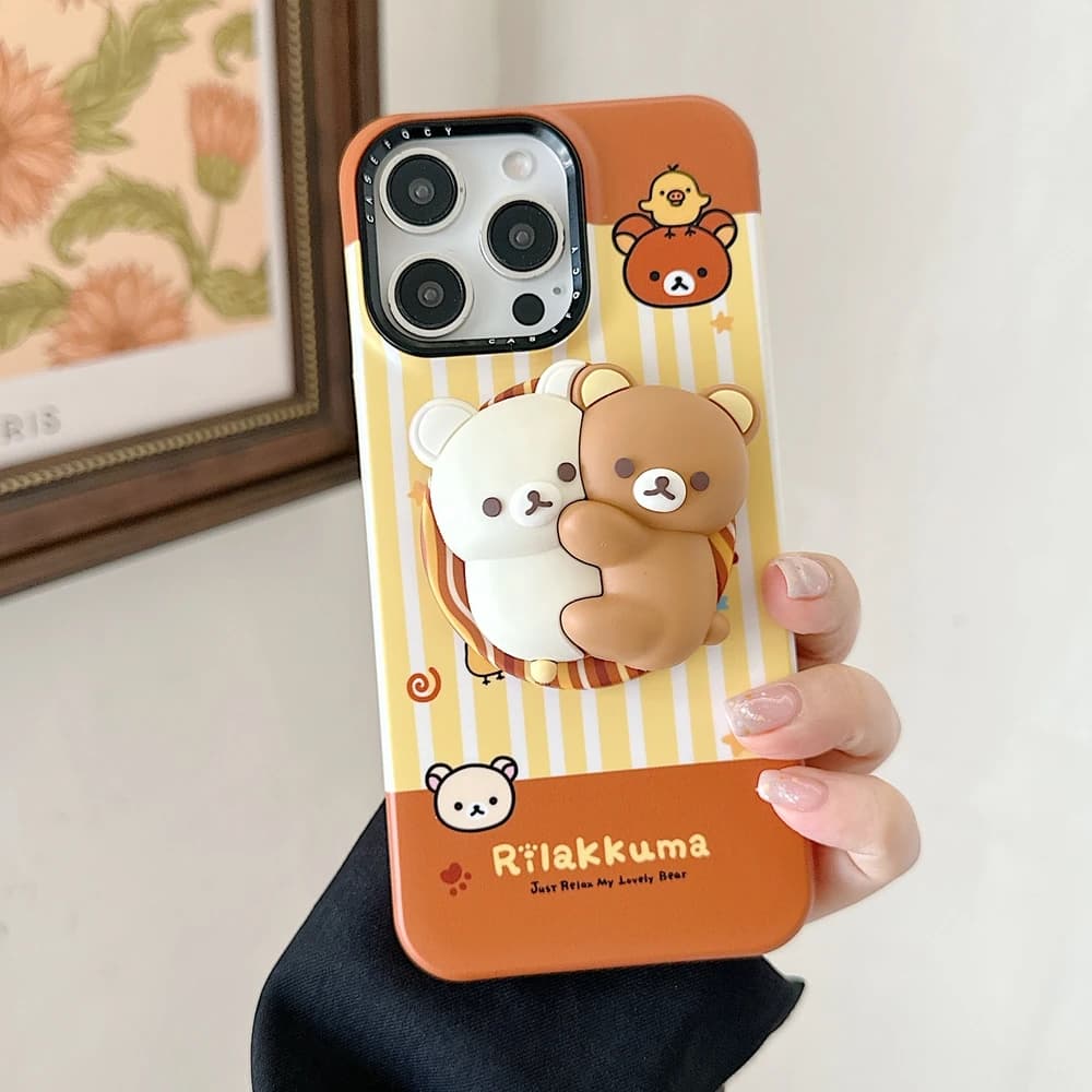 3D Cute Cartoon Rilakkuma Bear Supporto per impugnatura magnetica Magsafe Custodia per telefono con ricarica wireless per iPhone 17 16 15 14 13 Pro Max Cover