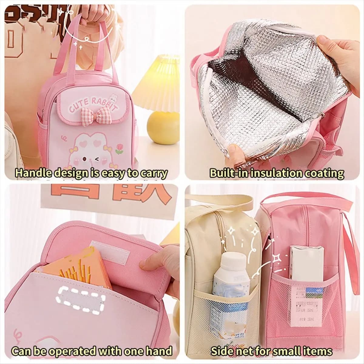 Borsa Termica A13M Kawaii per Ragazze, Borsa Pranzo Carina, Borsa Isolante Riutilizzabile per Cibi Caldi o Freddi, Rosa
