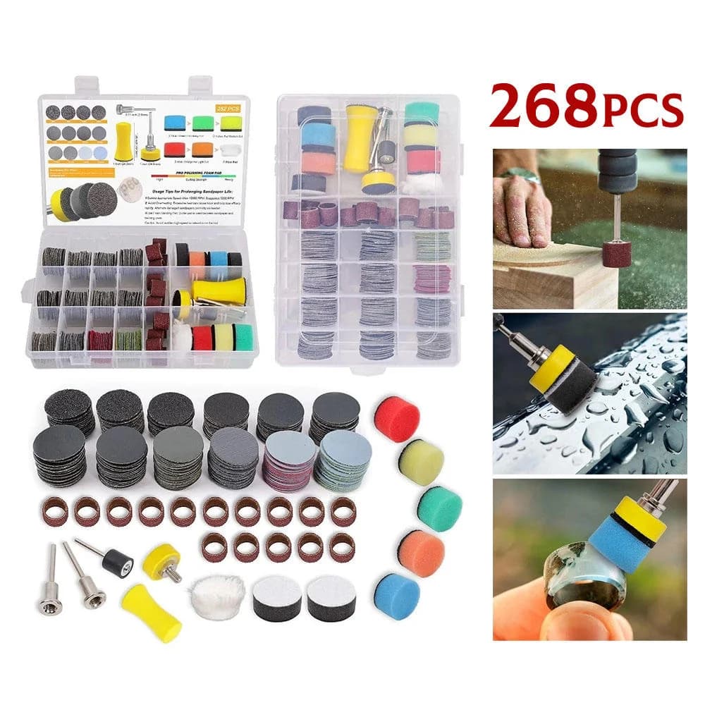 Kit di 268 dischi abrasivi da 1 pollice per la cura della vernice dell'auto, set di carta vetrata per lucidatura con supporto a gambo da 1/8 di pollice e bande abrasive.