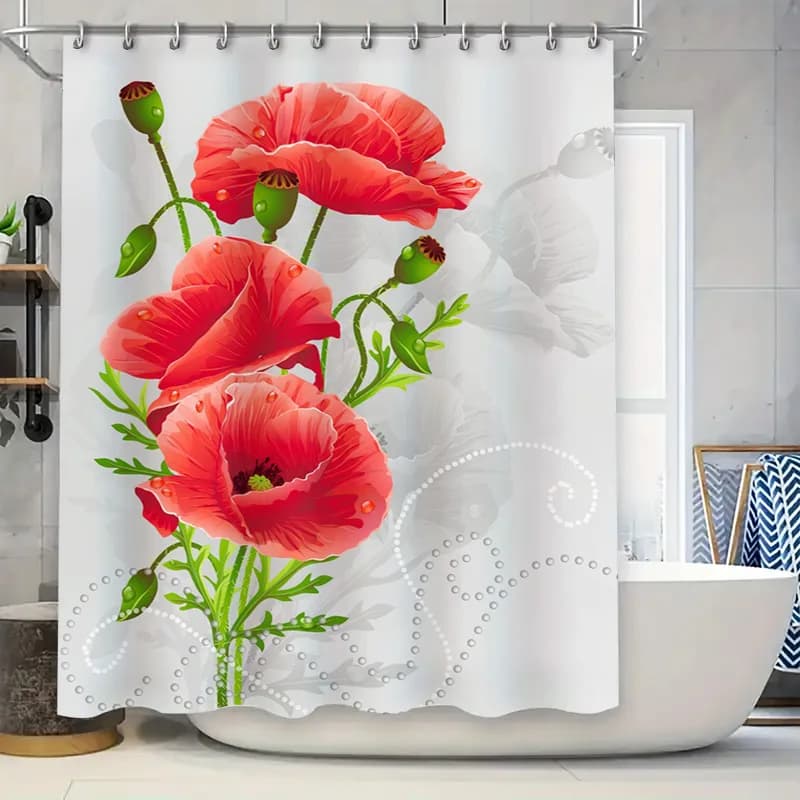 Bellissimo tenda da doccia con papavero rosso con foglie verdi fresche, decorazione da bagno in tessuto impermeabile stampato per la stanza del bagno di casa