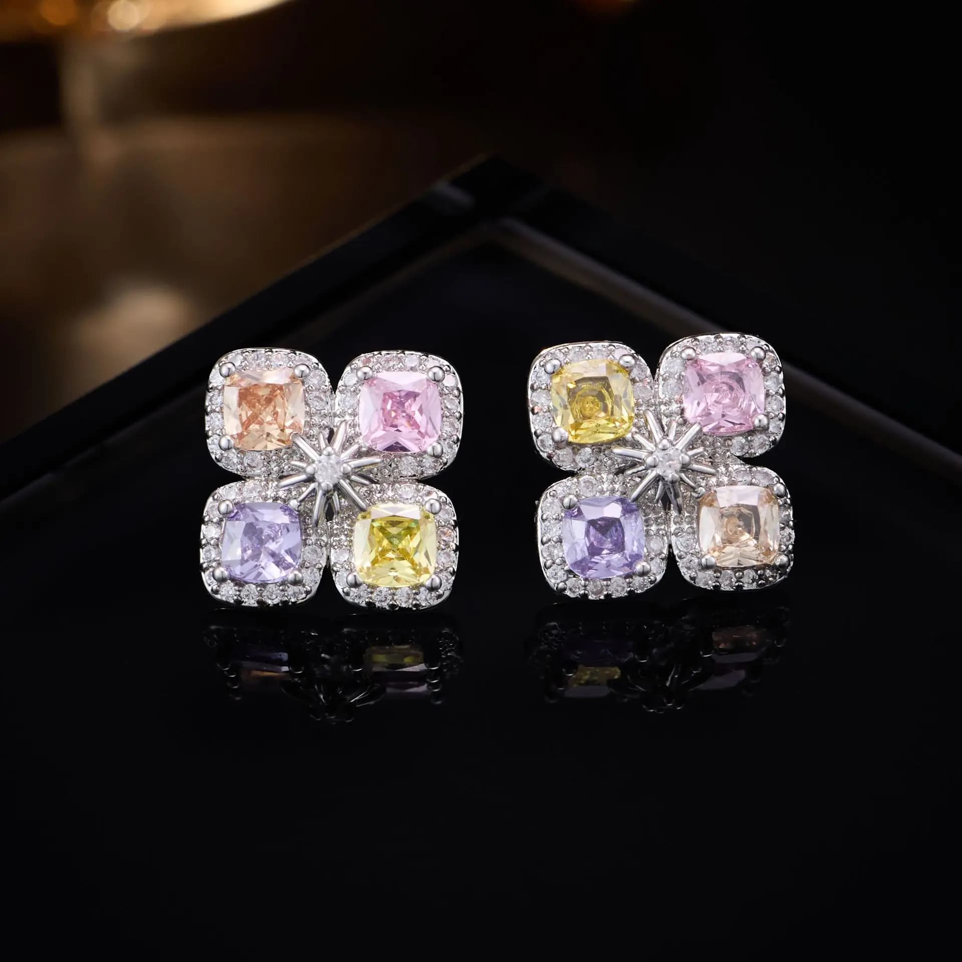 Luxury Micro-inlaid Zircon Colored Small Flower Stud Earrings for Women Niche Design Temperament 925 Silver Needle Earrings
