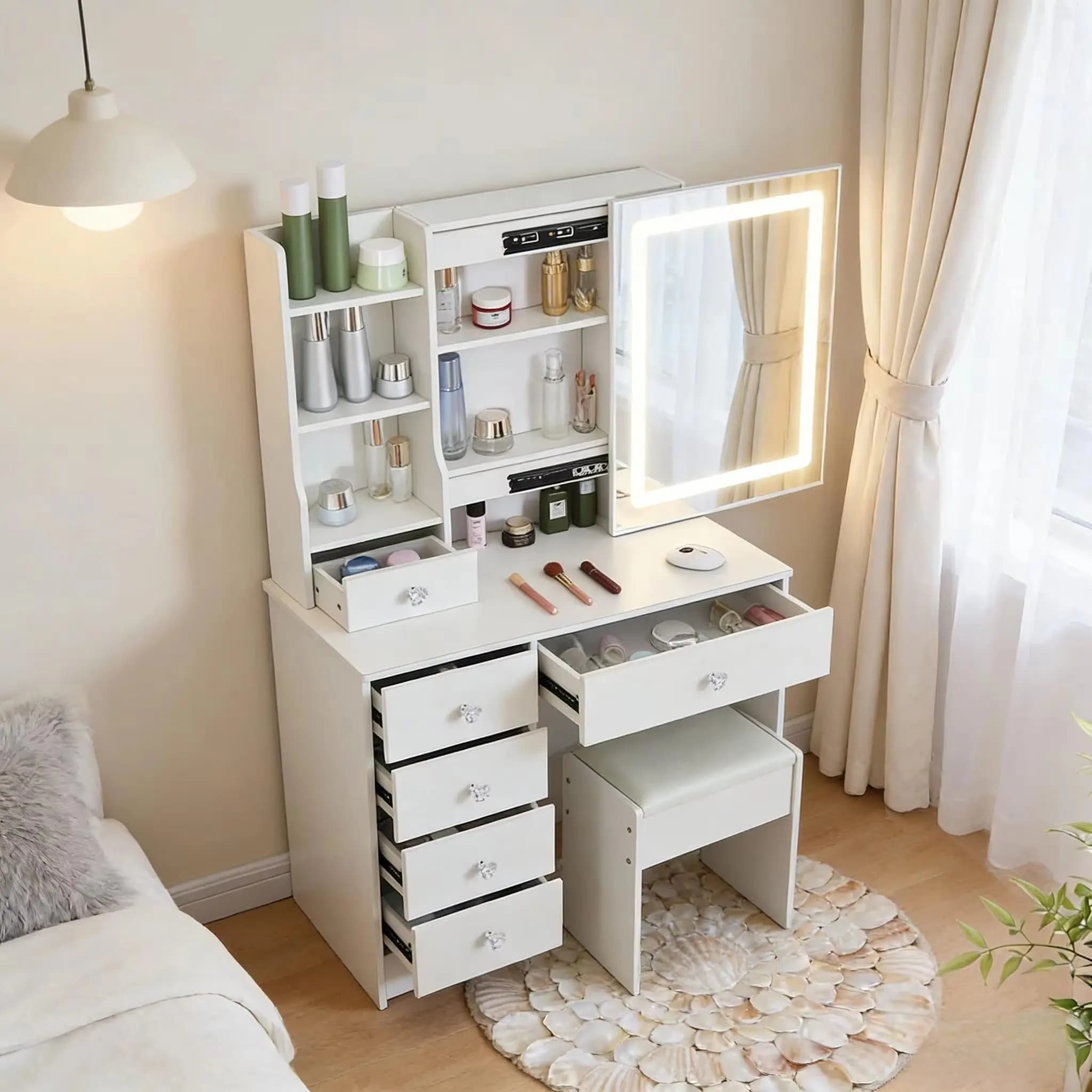 Toeusev Tavolo da Trucco con Specchio LED Dimmerabile a 3 Colori, Cassetti, Ripiano e Sgabello Moderno per Camera da Letto