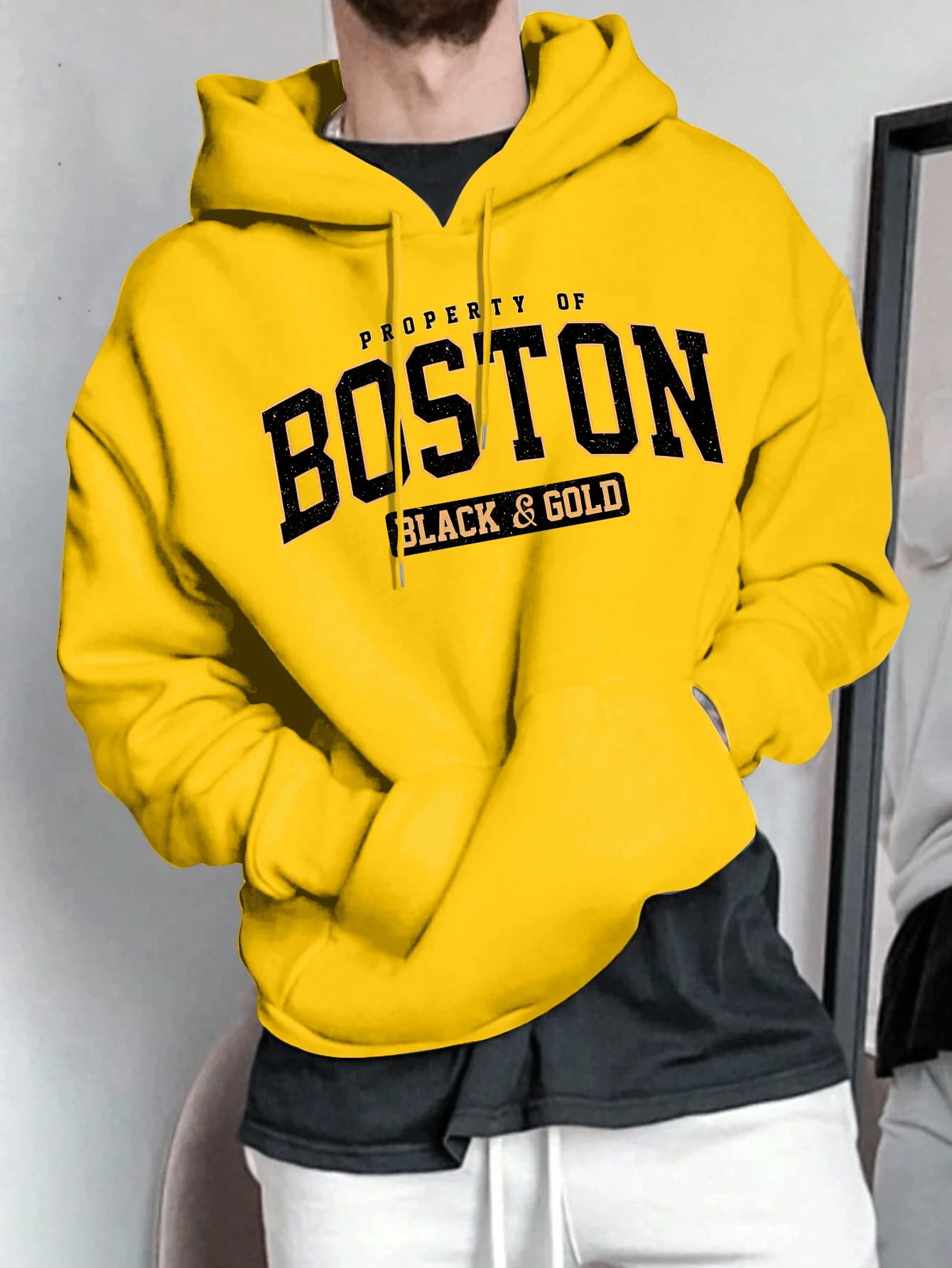 Felpa con cappuccio girocollo a maniche lunghe stampata con motivo a lettera Boston alla moda allentata calda primaverile e autunnale da uomo