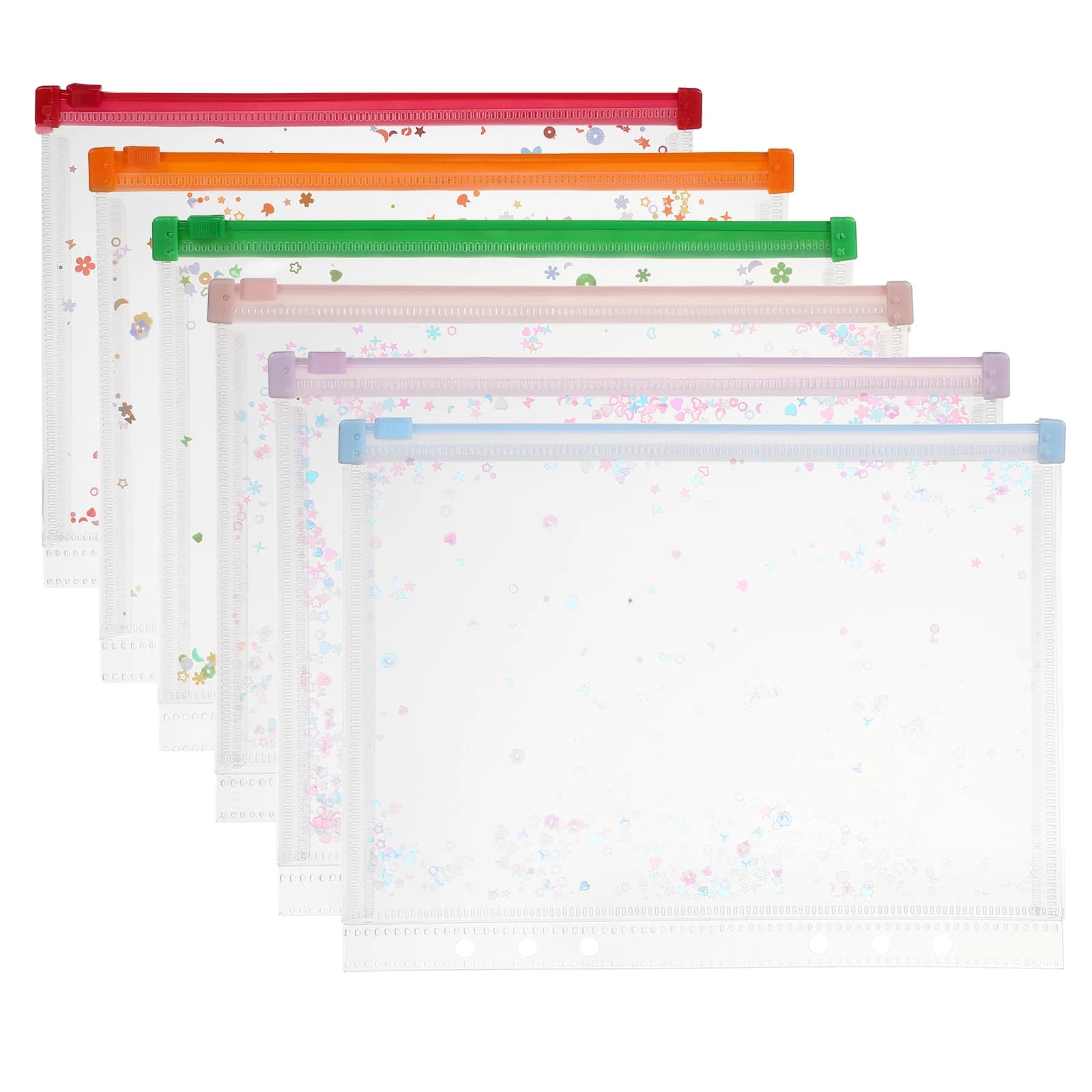 6 Pezzi Cartelline A5 in Plastica con Cerniera, Tasche Trasparenti 9 x 7 Pollici, Buste Portadocumenti Impermeabili per Planner con Decorazioni a Paillettes