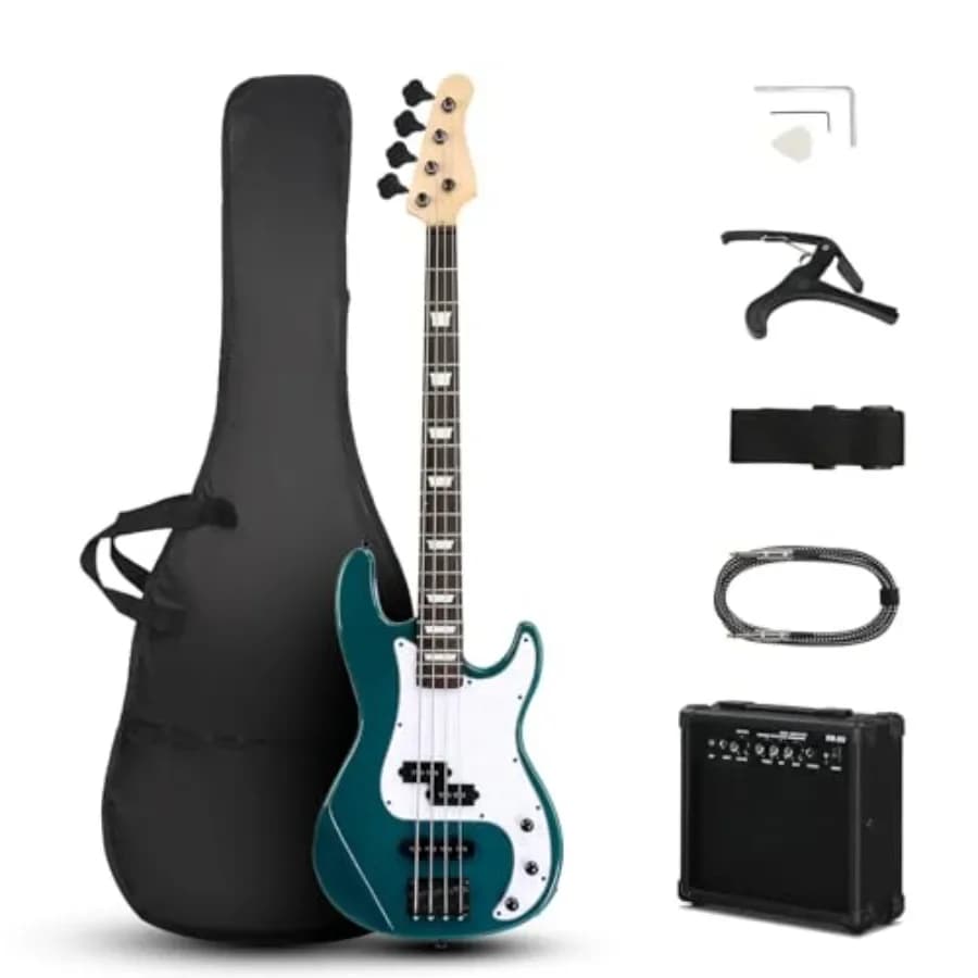 4 String Electric Bass Guitar for beginners, PB-Style full size right handed, Lake Blue finish, includes 20W amp, gig bag, stra