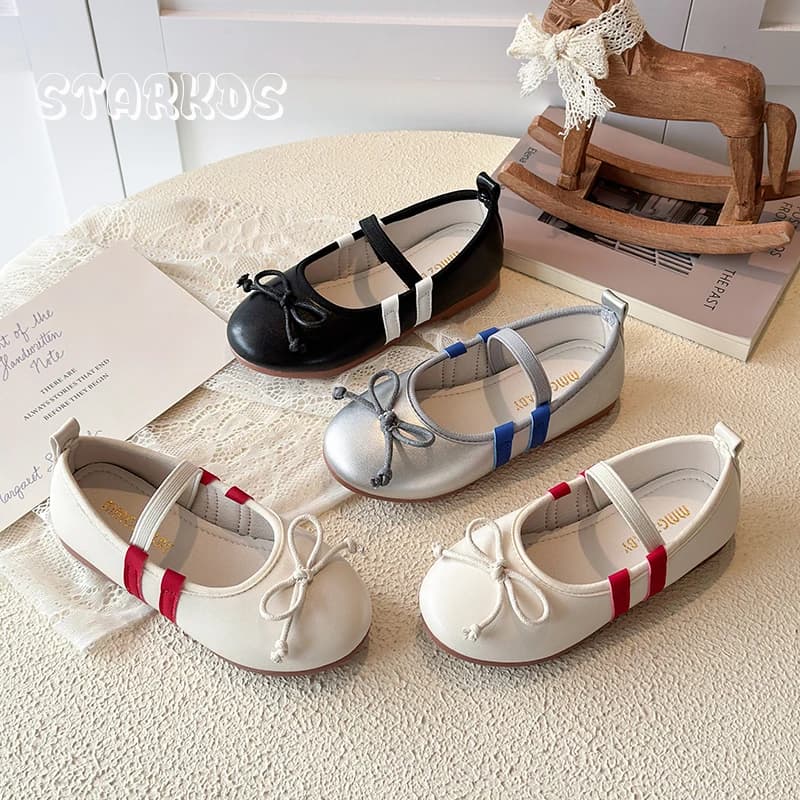 Classic Round Toe Bowknot Elastic Band Ballet Flats Kid Girl Straps Design Leather Ballerina Shoes Baby Child Soft Dress Loafers