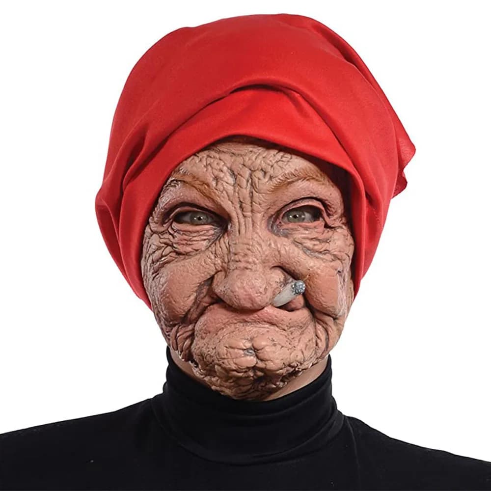 Divertente fumatori nonna vecchio Nana maschera in lattice signora nonna con viso rugoso e sciarpa rossa maschere puntelli per costumi da festa di Halloween