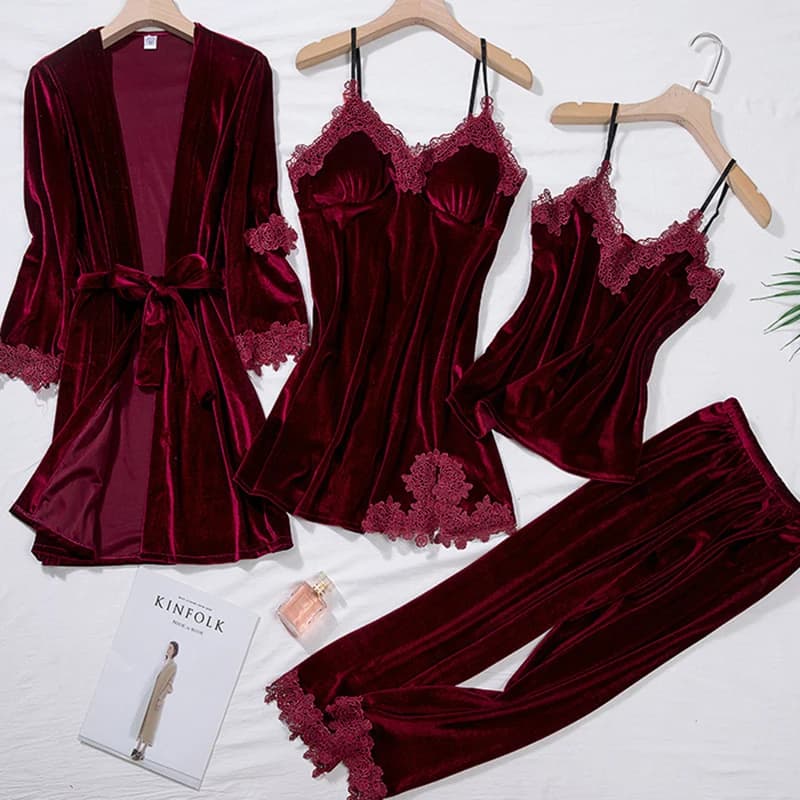 Pigiama in velluto a quattro pezzi Set autunno Indumenti da notte femminili Abbigliamento da salotto Accappatoio sexy in pizzo bordeaux Camicia da notte Indumenti da casa in velluto allentato