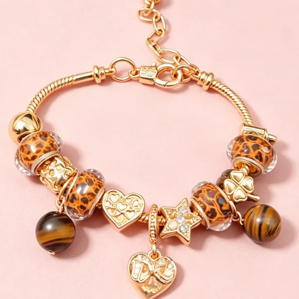 Bracelet DIY popular beaded bracelet, leopard print bow, natural tiger eye pendant, fashion jewelry