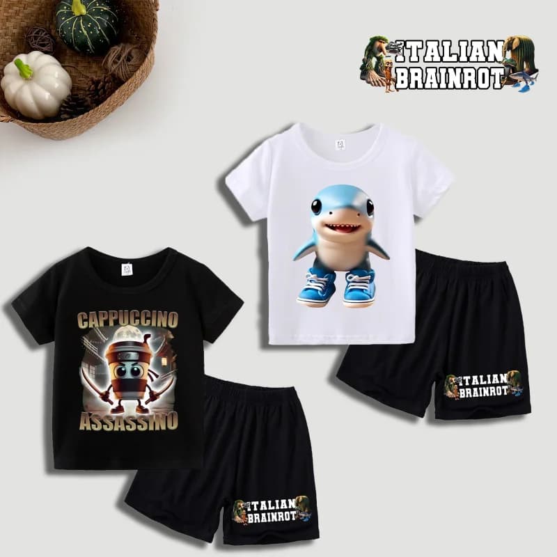 2 Pezzi T-shirt Italian Brainrot a Maniche Corte per Ragazzi e Ragazze, Completi Estivi con Pantaloni, T-shirt con Stampa di Animali Divertenti, Regali