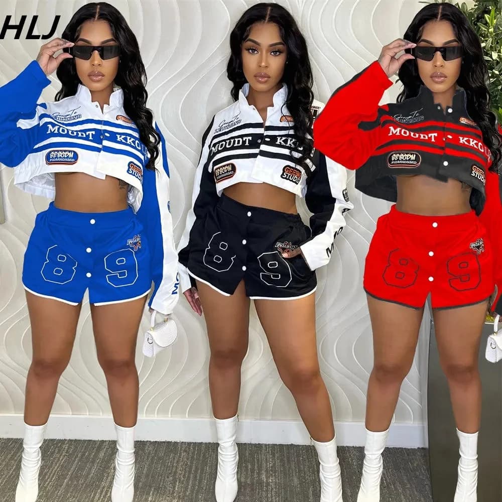 HLJ Letter Print completi a due pezzi 2023 autunno inverno Casual sportivo cappotto da Baseball gonne abiti bottoni staccabili Y2k Streetwear