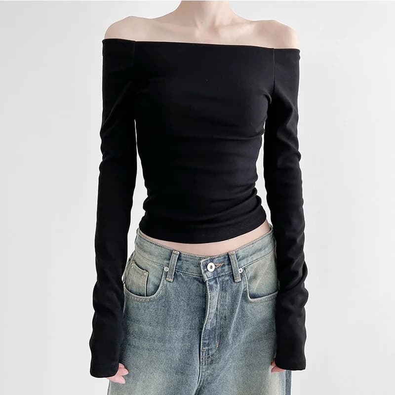 Nero solido Slash Neck elegante manica lunga top moda coreana Slim Sexy Cropped T Shirt donna autunno abbigliamento