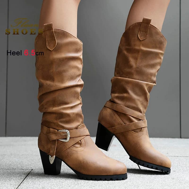 Autunno Inverno 6.5 centimetri Tacchi alti Stivali alti Scarpe da donna di moda Fibbia in pelle Tacco grosso Stivali da cavaliere Stivali lunghi di colore solido