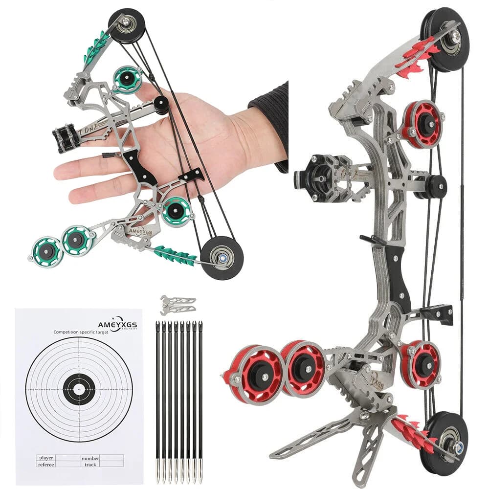 10lbs Mini Compound Bow 11-inch Stainless Steel with 8 Arrows for Target Shooting Practice and Outdoor Sports Fun
