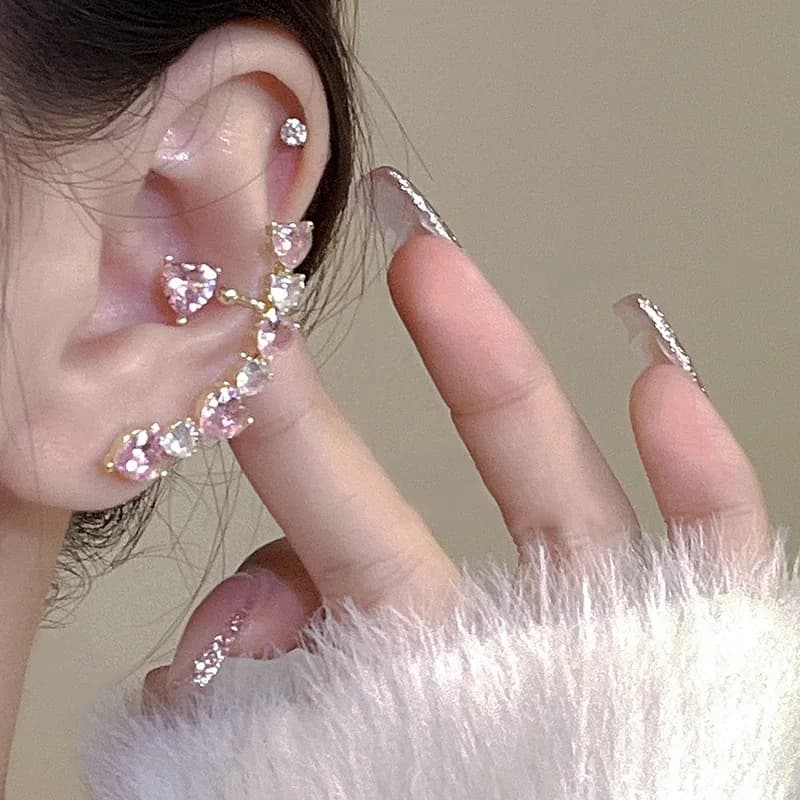 Sweet pink zircon love stud earrings female niche personality simple versatile temperament fashion earbone clip earrings earrings