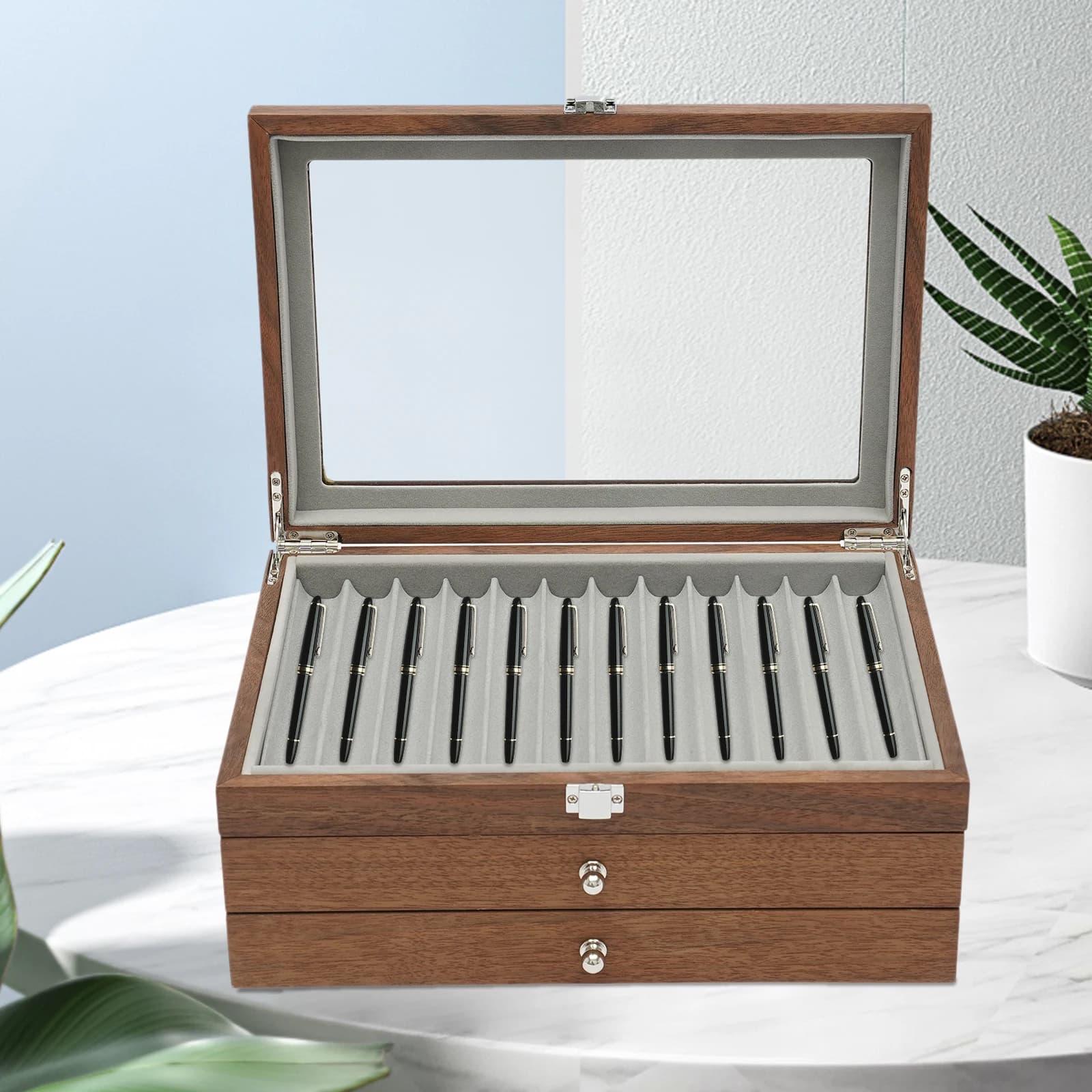 3 level pen holder, in Palissandro and MDF wood, 34 compartments, Velvet Lining, Retro Style, Ideal for Preserving and Collecting Pens