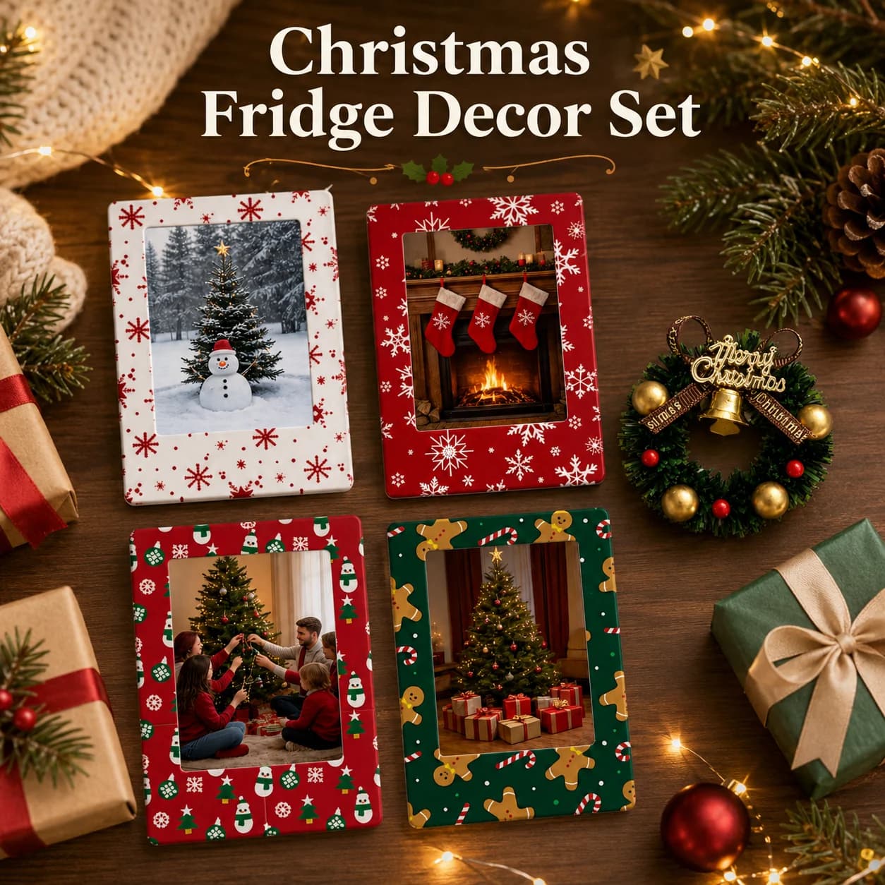 Christmas Mini Magnetic Photo Frame & Wreath Set, 86x54mm Holiday Fridge Magnet Picture Holder, 4 Festive Styles