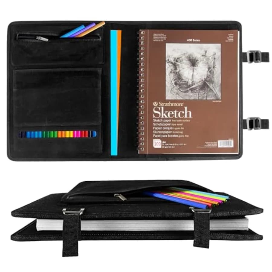 Sketchbook Cover for Travel with Pencil Holder - Waxed Canvas Organizer Compatible with 9x12 Sketch Book and 8.5x11 Spiral Pad