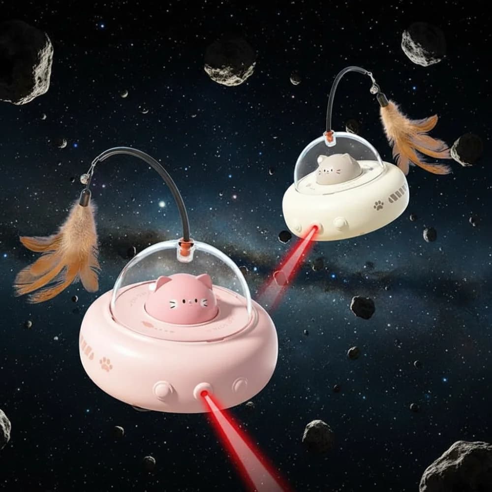 Giocattolo intelligente per gatti UFO con laser e piume: laser rotante automatico per giochi autonomo e giocattolo interattivo per alleviare la noia per genitori pigri