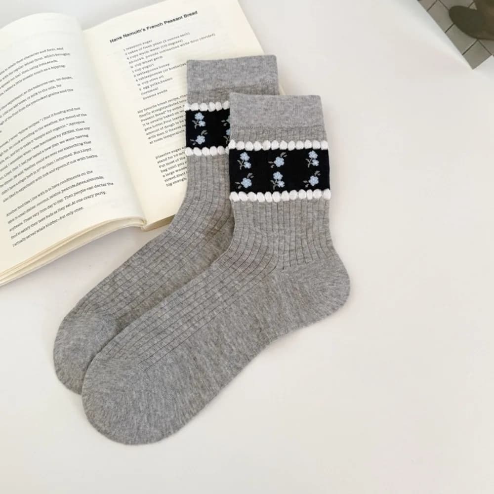 New Korean Style Cotton Socks Grey Checkered Small Flower Mid-calf Socks Breathable Light Boneless Pile Socks Spring Summer