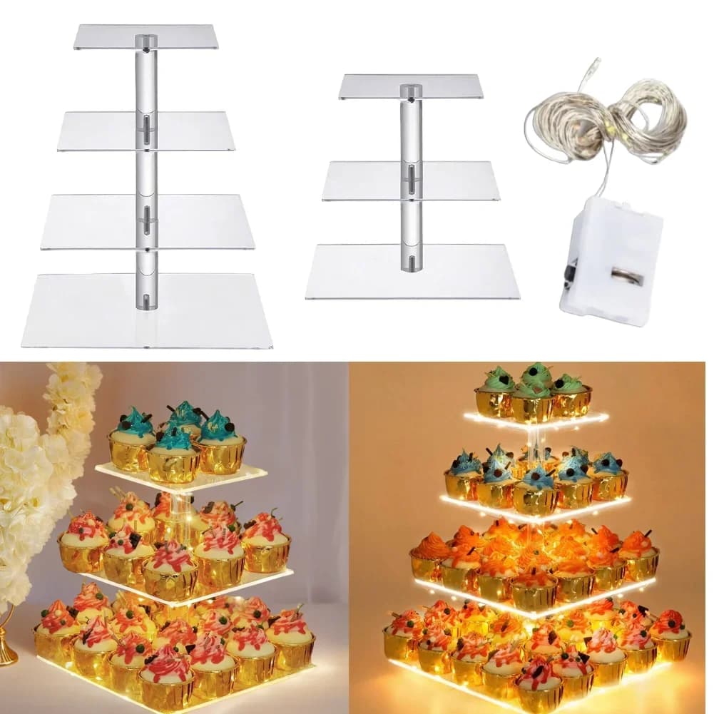 Espositore per cupcake in acrilico a 3/4 livelli con espositore quadrato a luce LED Piatto da portata per torte per la festa di compleanno di nozze
