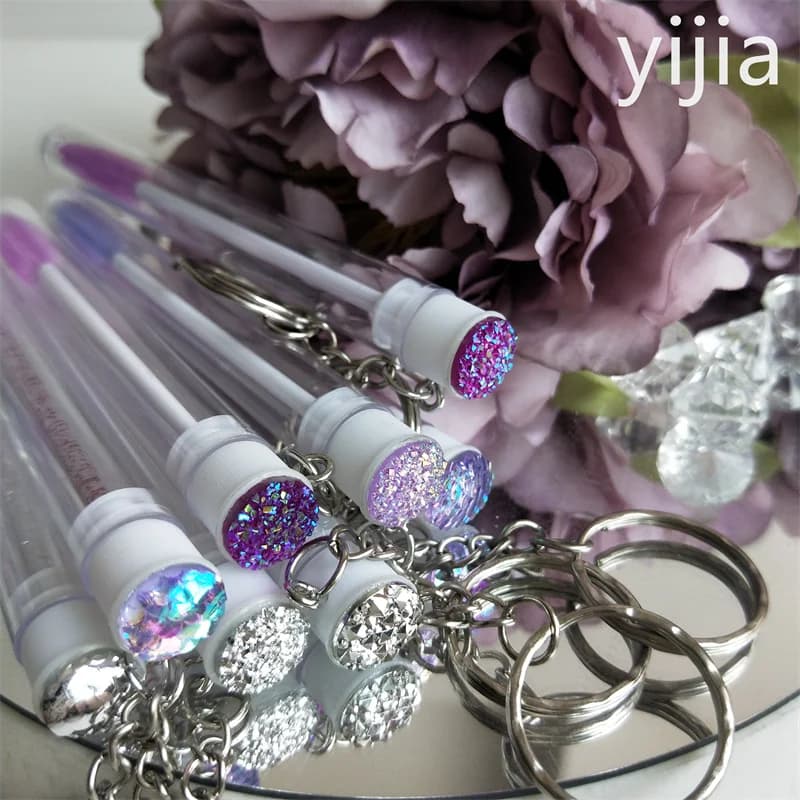 10 pcs Use And Drop Glitter Eyelash Mascara Brush Purple and Silver Eyelash Brushes Makeup Sticks Applicator With Keychain