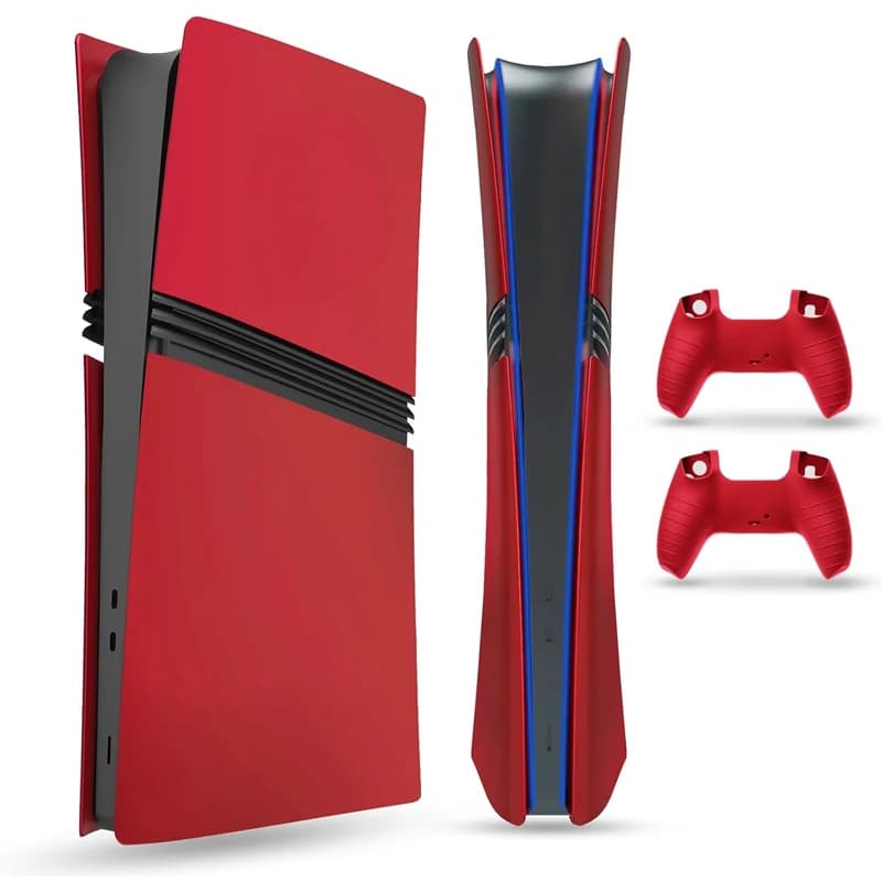 Frontalino per PS5 Pro (Digital, Edition Disco), Piastra di copertura, Guscio in ABS, Pelle opaca, con Cover in silicone extra per 2 controller (Rosso)