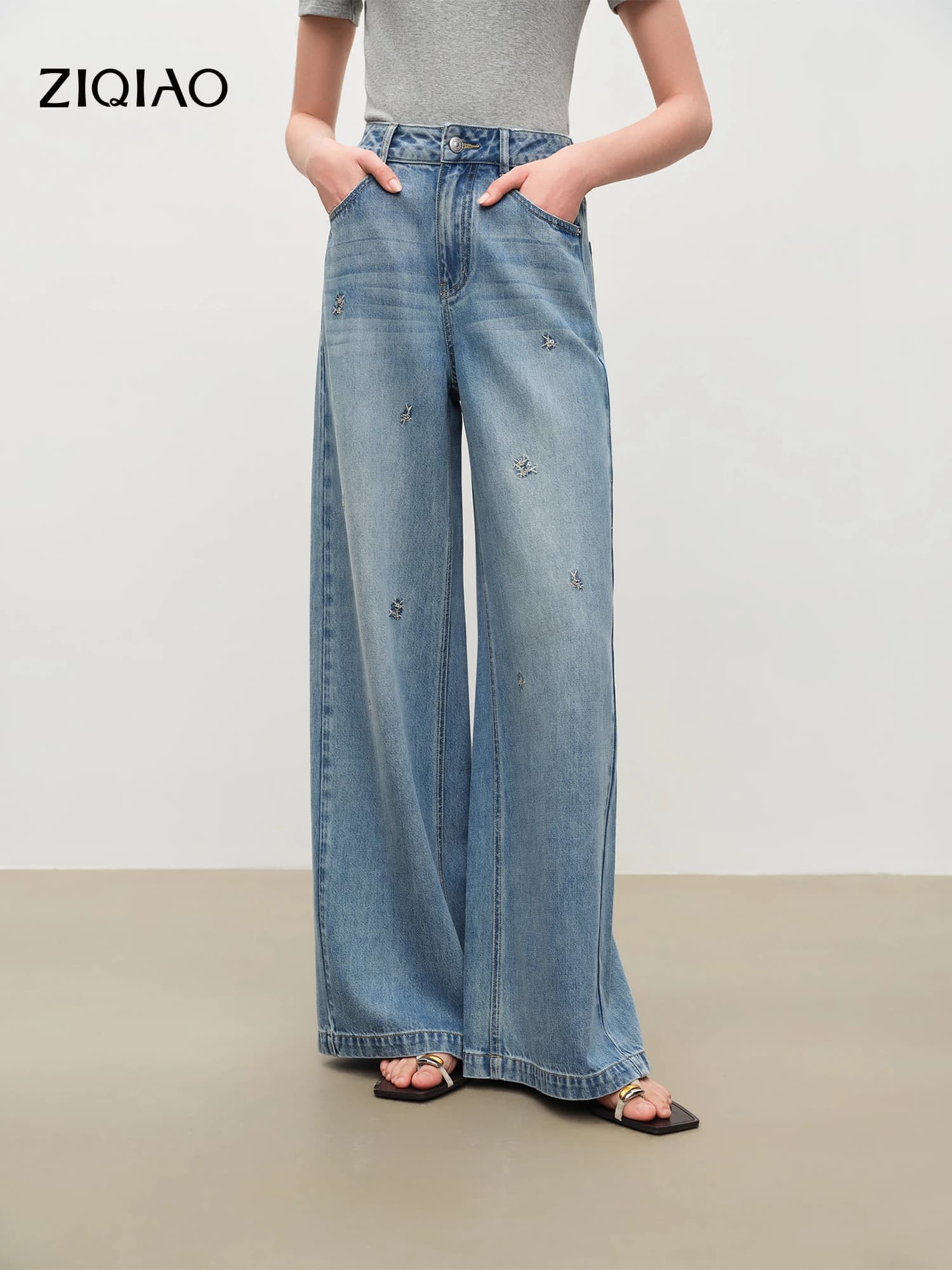 Pantaloni Casual da Donna ZIQIAO con Ricami di Paillettes Effetto Denim Leggeri, Nuovi Arrivi Estivi 2026, Eleganti Pantaloni a Gamba Larga
