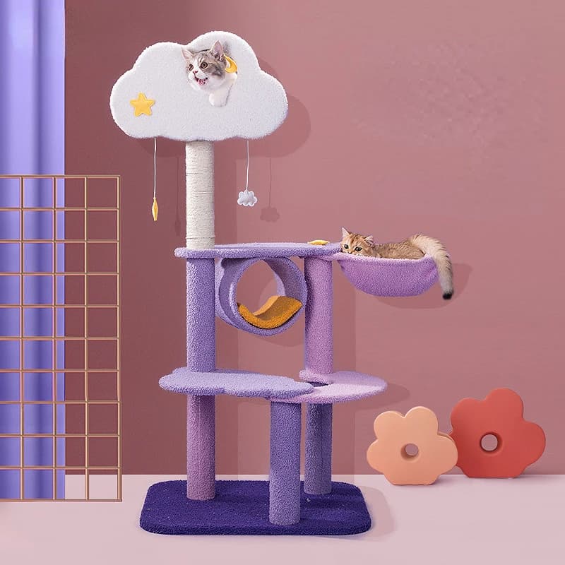 Albero per gatti con nuvole viola, tiragraffi per gatti, accessori per grandi case per animali domestici per interni, forniture per allenamento fitness, set da arrampicata