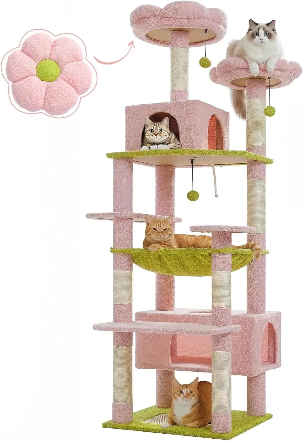 Torre per Gatti Grande da 72 Pollici con Design Floreale, Struttura in Acciaio, Amaca, 7 Tiragraffi e 2 Cucce per Gatti da Interno - Rosa