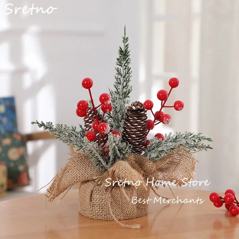 SRETNO Mini Christmas Trees Table Ornament Red Fruit Pine Pagoda Artificial Plants Christmas Decorations Arbolitos De Navidad