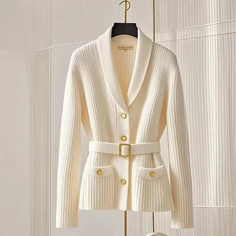 Maglione cardigan lavorato a maglia moda donna 2025 NUOVA primavera autunno top coat tasca colletto a V maglieria giacca con cintura abbinata femminile