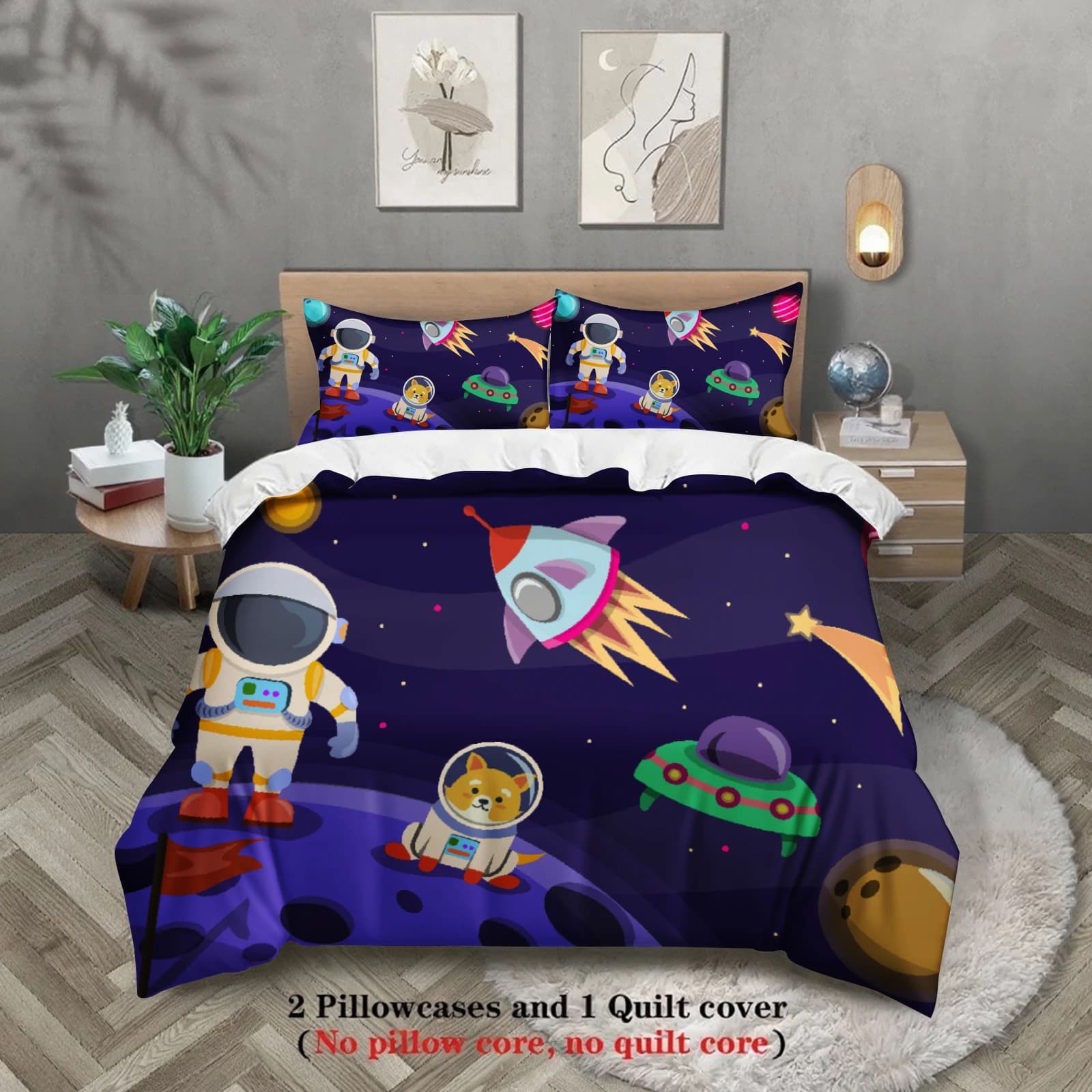 Space Adventure bed linen set of 3 pieces, set of cushions with 3D printed space pattern, with pillowcase, without padding