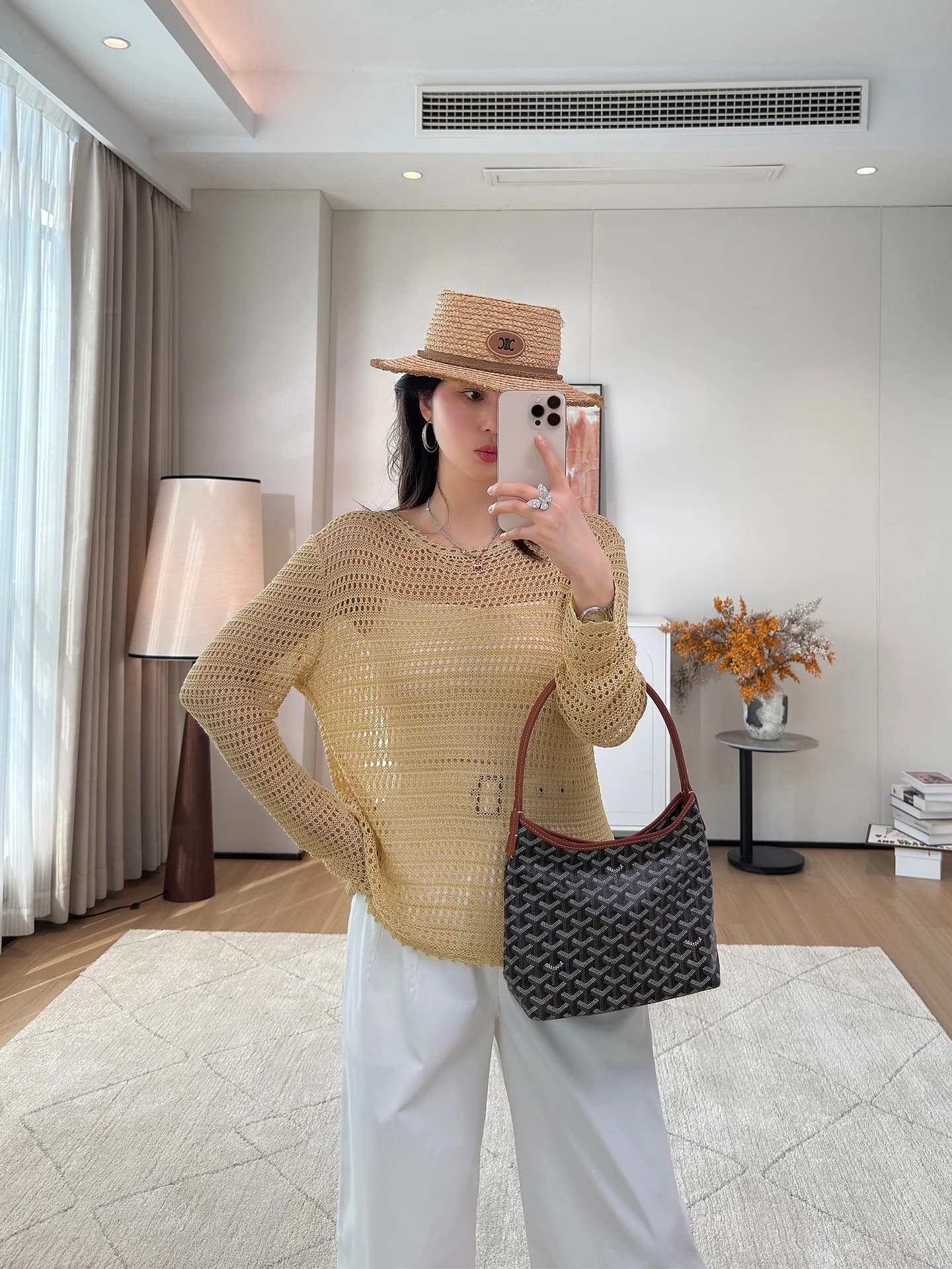 Loose Yellow Knitted Cover up Top round Neck Long Sleeve Hollow out Breathable Women's Casual Style Polyester Fiber T-Shirt